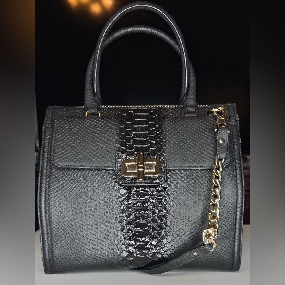 Elegant Brahmin Black Harkness Caroline Satchel with Gold Accents